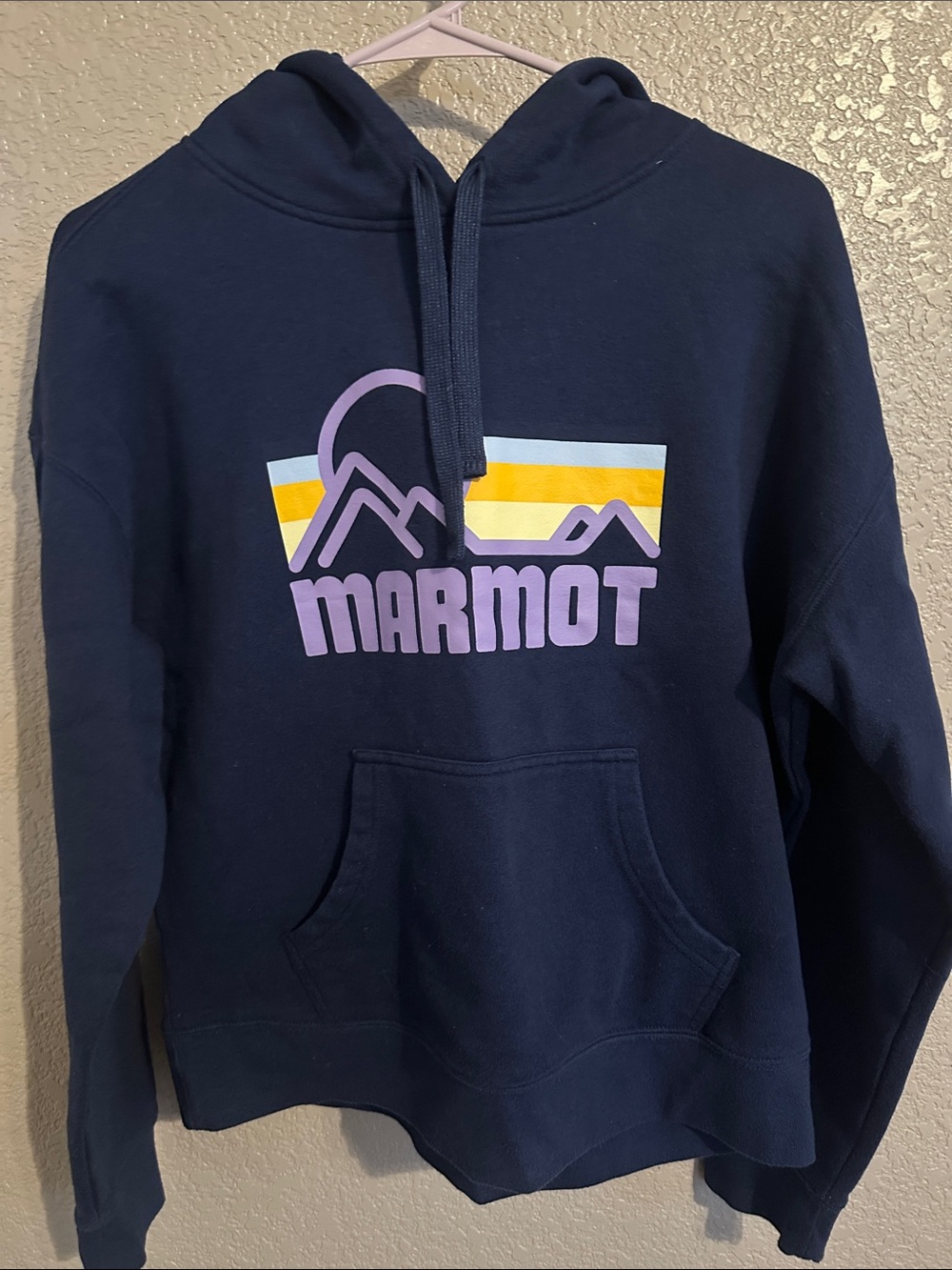 Marmot Navy Hoodie with Lavender and Yellow Graphic
